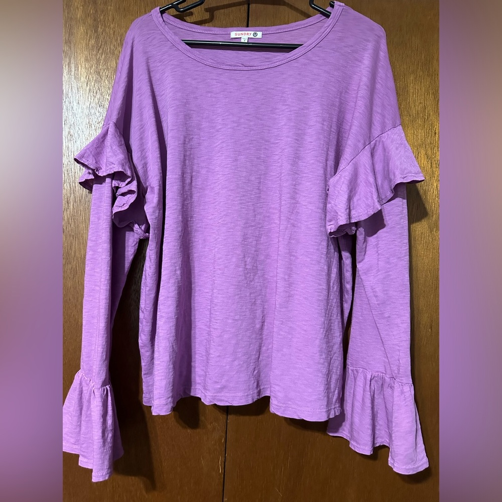 Sundry Purple Ruffle Long Sleeve Tee Top Shirt Pima Cotton Size 3 L